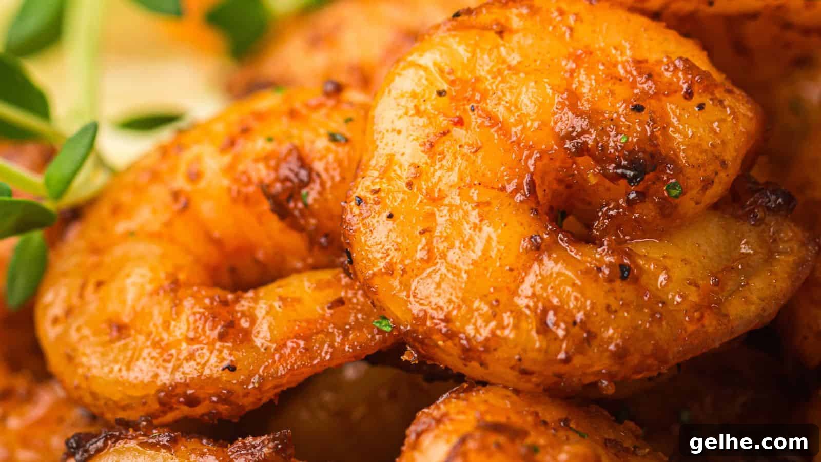 A close-up shot of seasoned, air fryer shrimp garnished with fresh herbs.