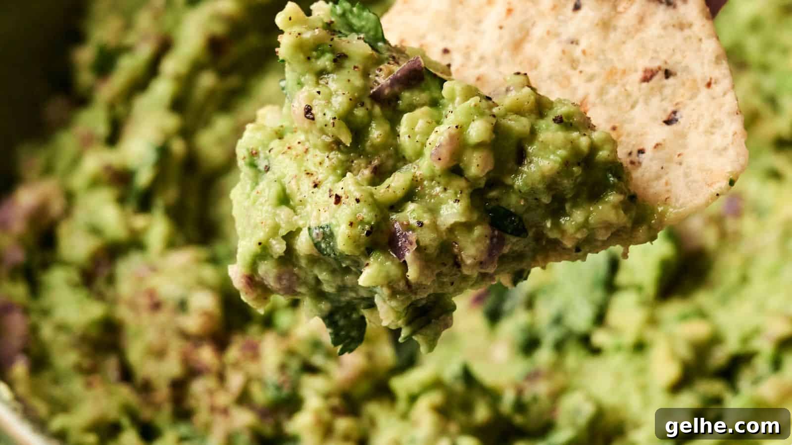 Close-up of guacamole on a tortilla chip, showing a textured mixture of avocado, herbs, and spices.