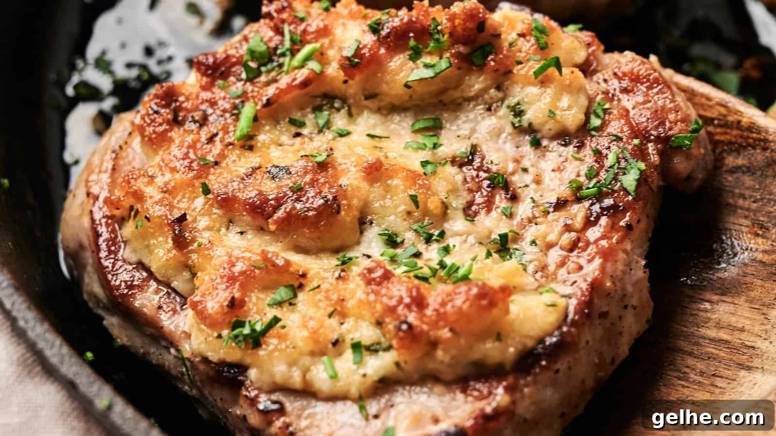 Close-up of a cooked, seasoned pork chop topped with melted cheese and garnished with chopped parsley on a dark plate.