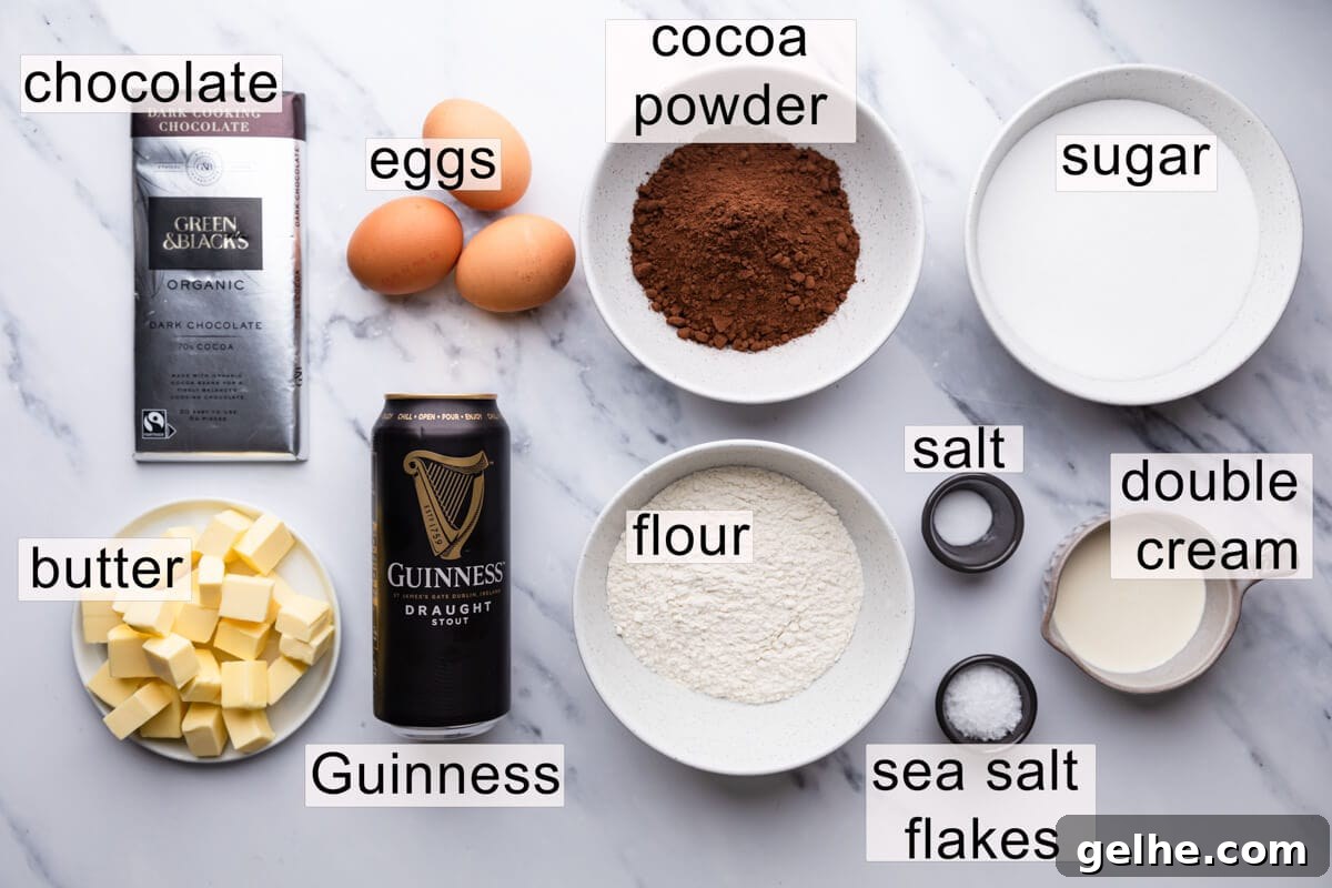 Guinness Chocolate Brownies with Rich Stout Flavor 3 ingredients for Guinness brownies with text labels.