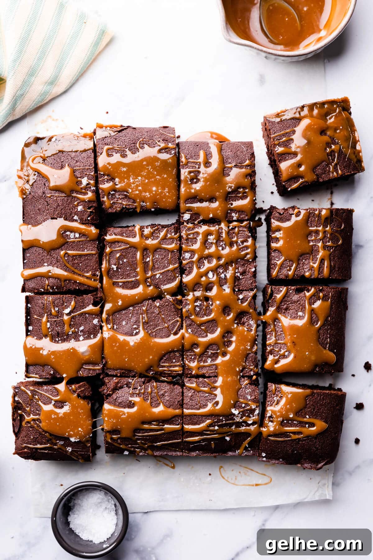 Guinness Chocolate Brownies with Rich Stout Flavor 8 chocolate stout brownie cut into 16 squares and drizzled with caramel.