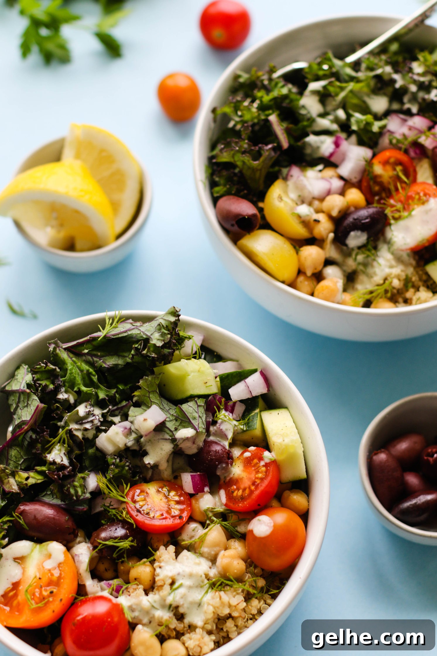 Greek Power Bowls with Creamy Tzatziki Dressing 2 Greek Power Bowls with Cucumber Yogurt Tzatziki Sauce by Flora & Vino