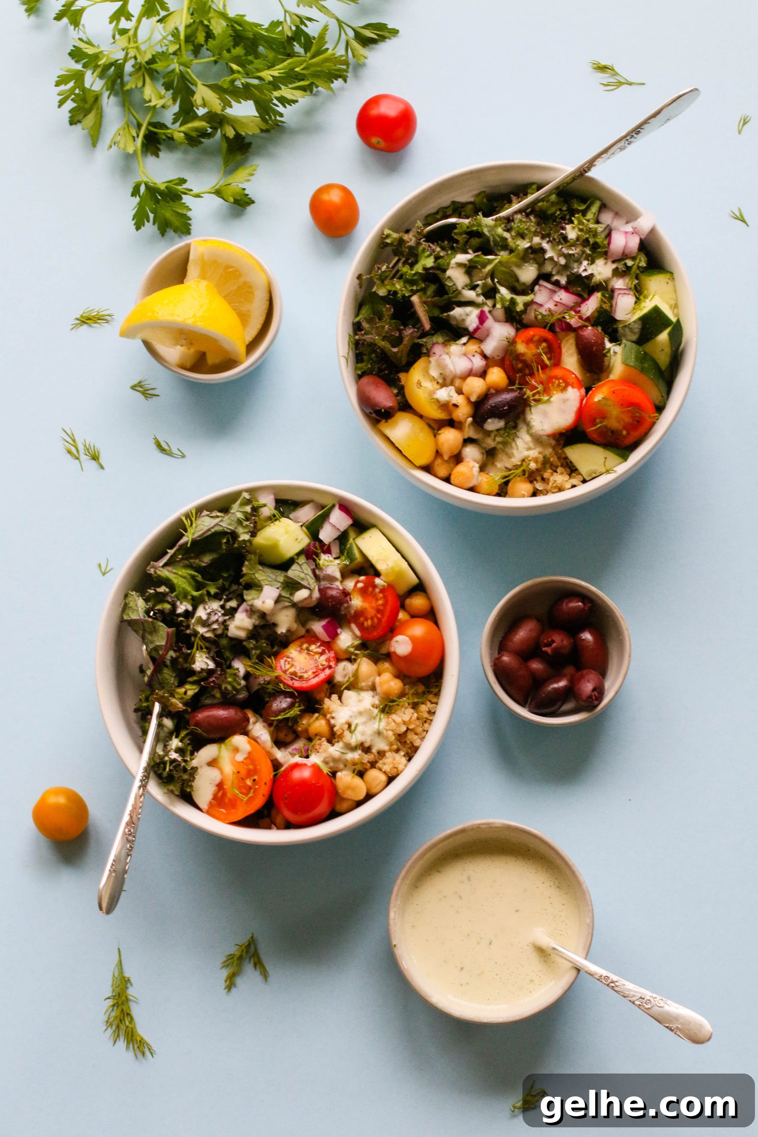 Greek Power Bowls with Creamy Tzatziki Dressing 6 Greek Power Bowls with Cucumber Yogurt Tzatziki Sauce by Flora & Vino