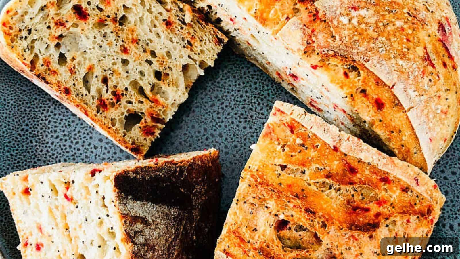 Close-up of four pieces of artisan bread with a crispy crust and airy interior, placed on a textured gray plate.