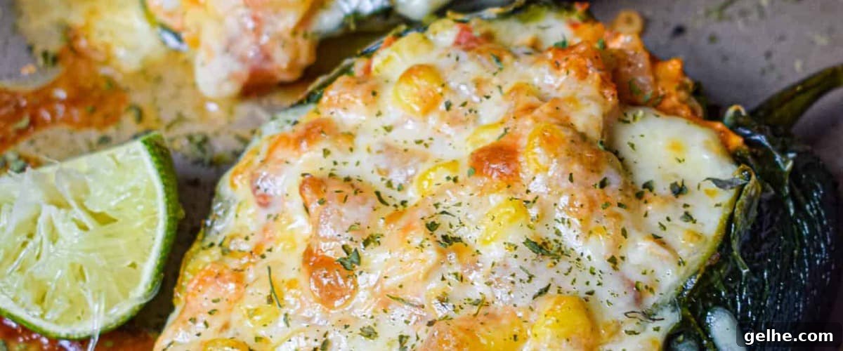 Chicken stuffed poblano peppers with lime and garnish.