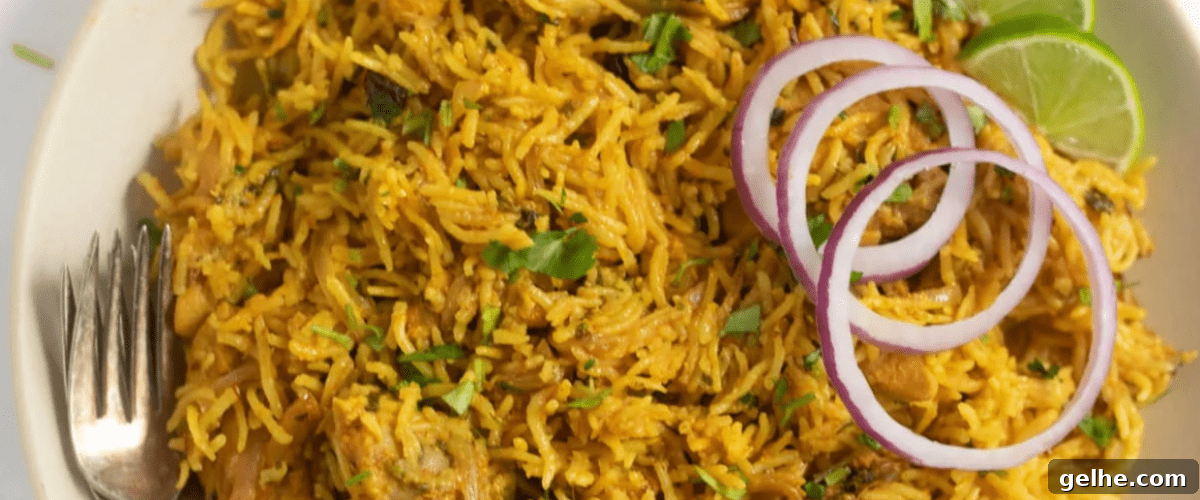 Instant pot chicken biryani with garnish in white bowl.