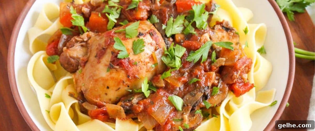 Slow cooker chicken cacciatore with garnish.