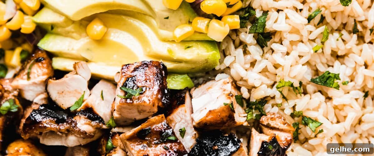 Honey chipotle chicken with corn salsa in a bowl.