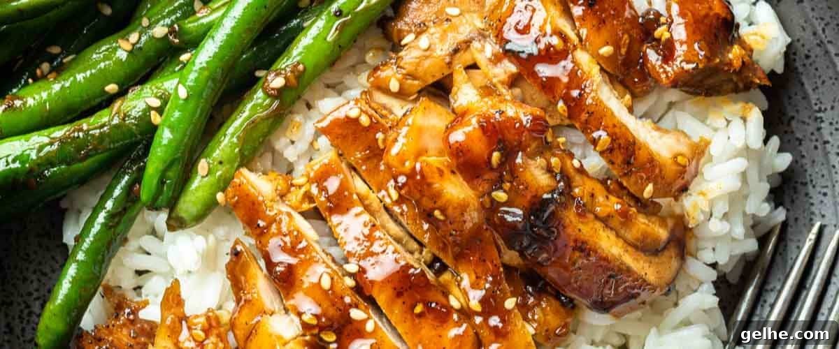 Chicken teriyaki over white rice in grey bowl.