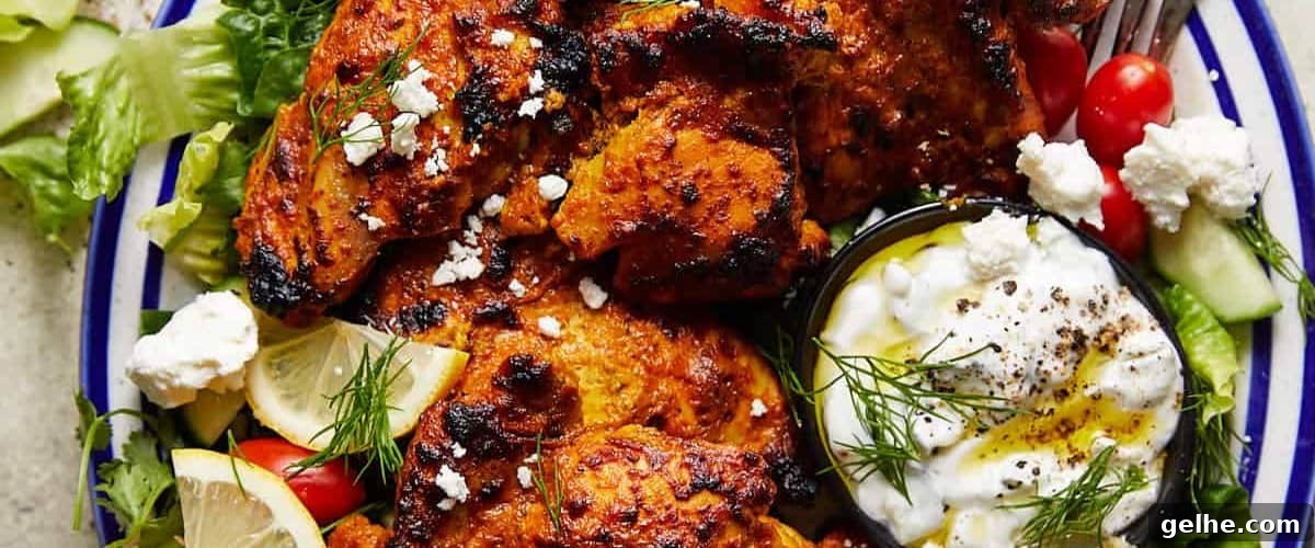 Greek yogurt chicken on white and blue dish with garnish.
