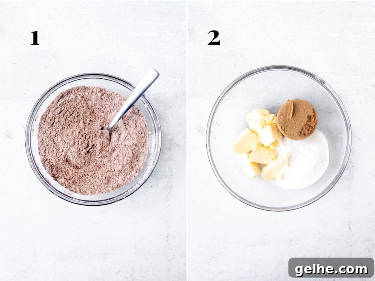 Bowl of dry ingredients whisked together and bowl of butter, brown sugar and granulated sugar