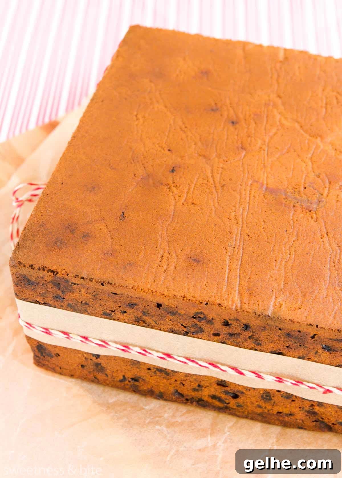 The underside of the gluten free Christmas cake, with very few "fruit holes".