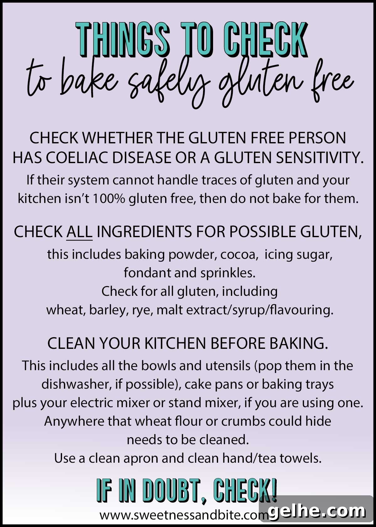 Infographic showing the tips mentioned in the post for baking gluten free.
