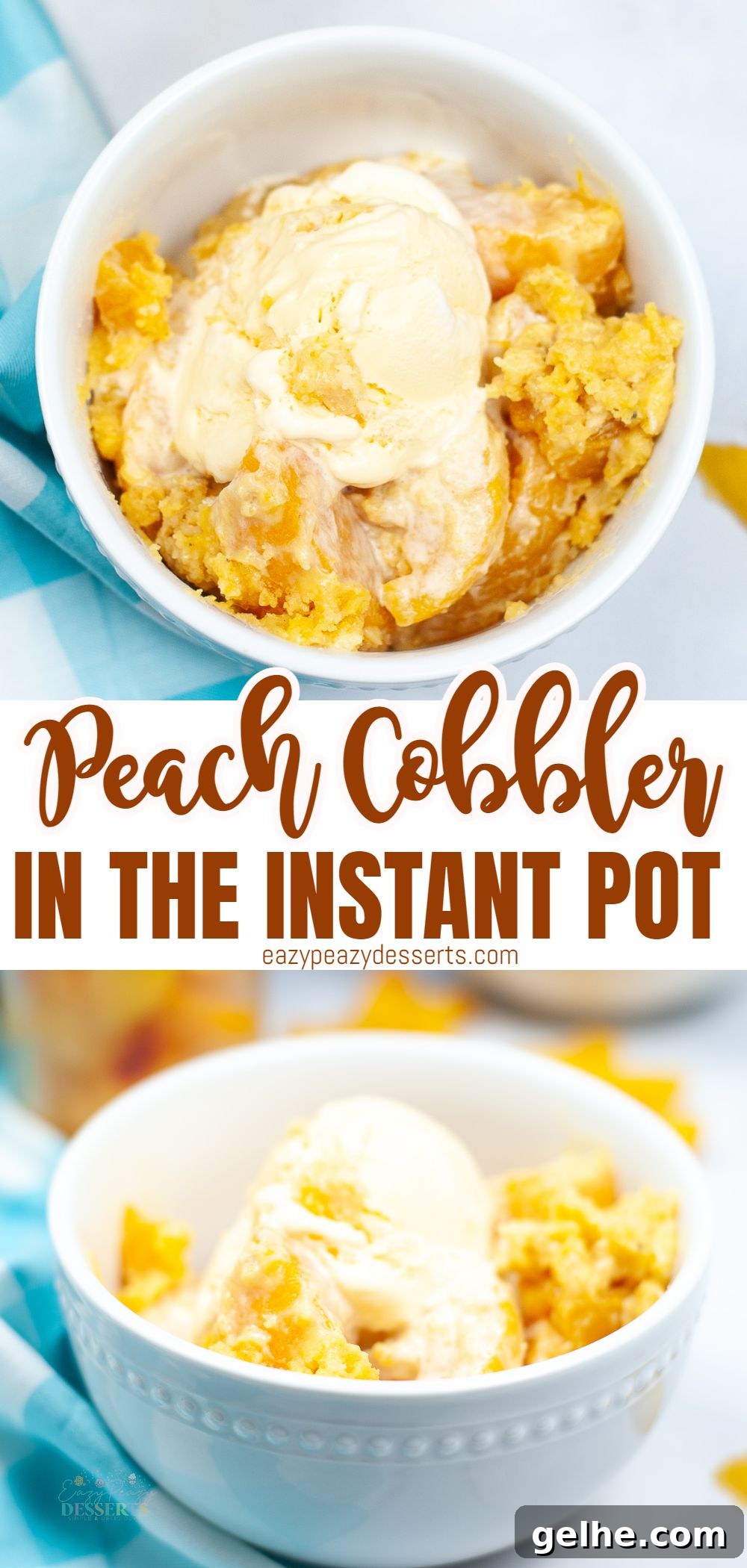 Photo collage of instant pot peach cobbler in a white bowl, topped with vanilla ice cream, shot from the top and from the side