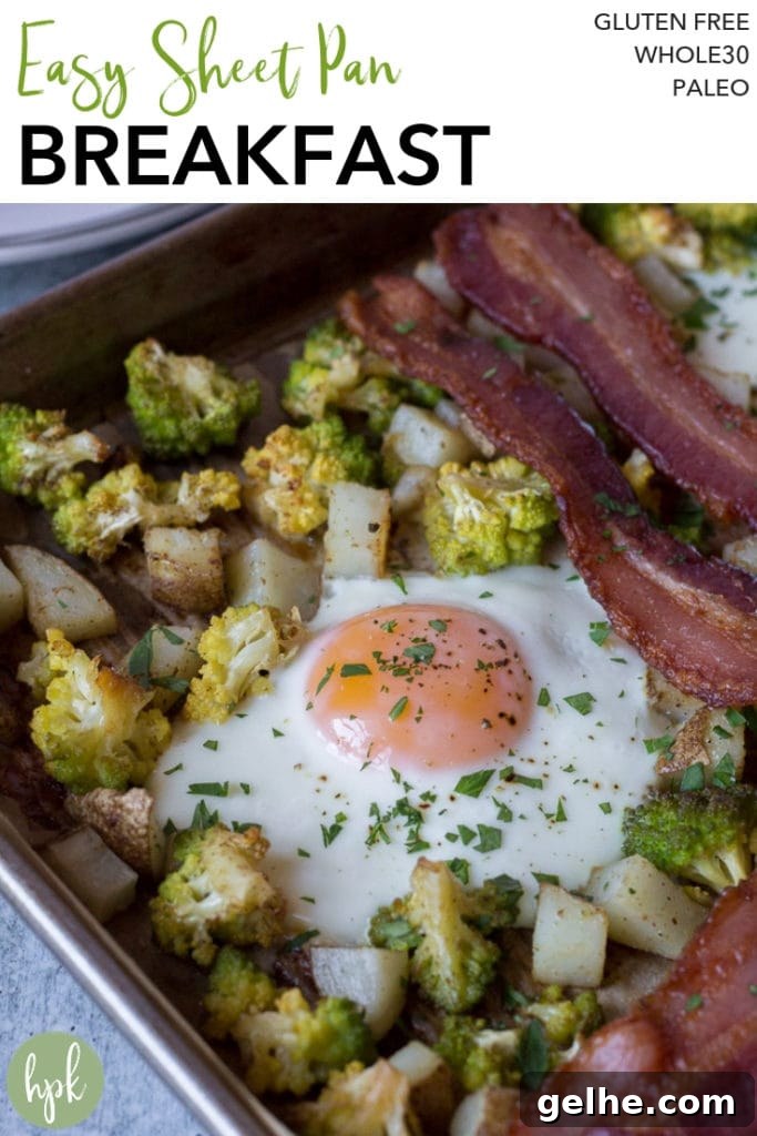 Whole30 Sheet Pan Breakfast Bake for Busy Mornings 9 This Easy Sheet Pan Breakfast is a healthy, gluten free and Whole30 version of a morning meal. Oven baked using parchment paper to keep the bacon, eggs, and potatoes from sticking, it's super simple to make and will become a fast favorite! #glutenfree #breakfast #whole30