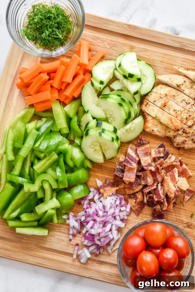 Chicken Bacon Ranch Salad Recipe: Creamy, Crunchy Weeknight Favorite 8 all ingredients prepped and cut up for the go-to chicken bacon ranch salad.