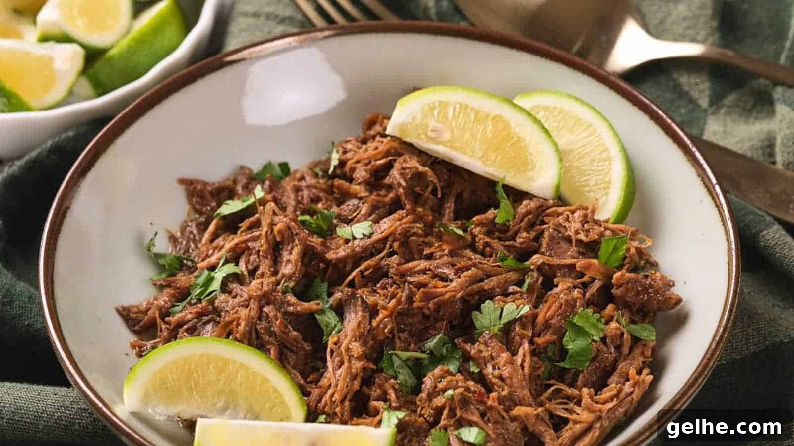 21 Labor Day Picnic Recipes for a Crowd: Ultimate Menu Ideas 12 A plate of beef barbacoa garnished with chopped cilantro and lime wedges, placed on a green cloth.