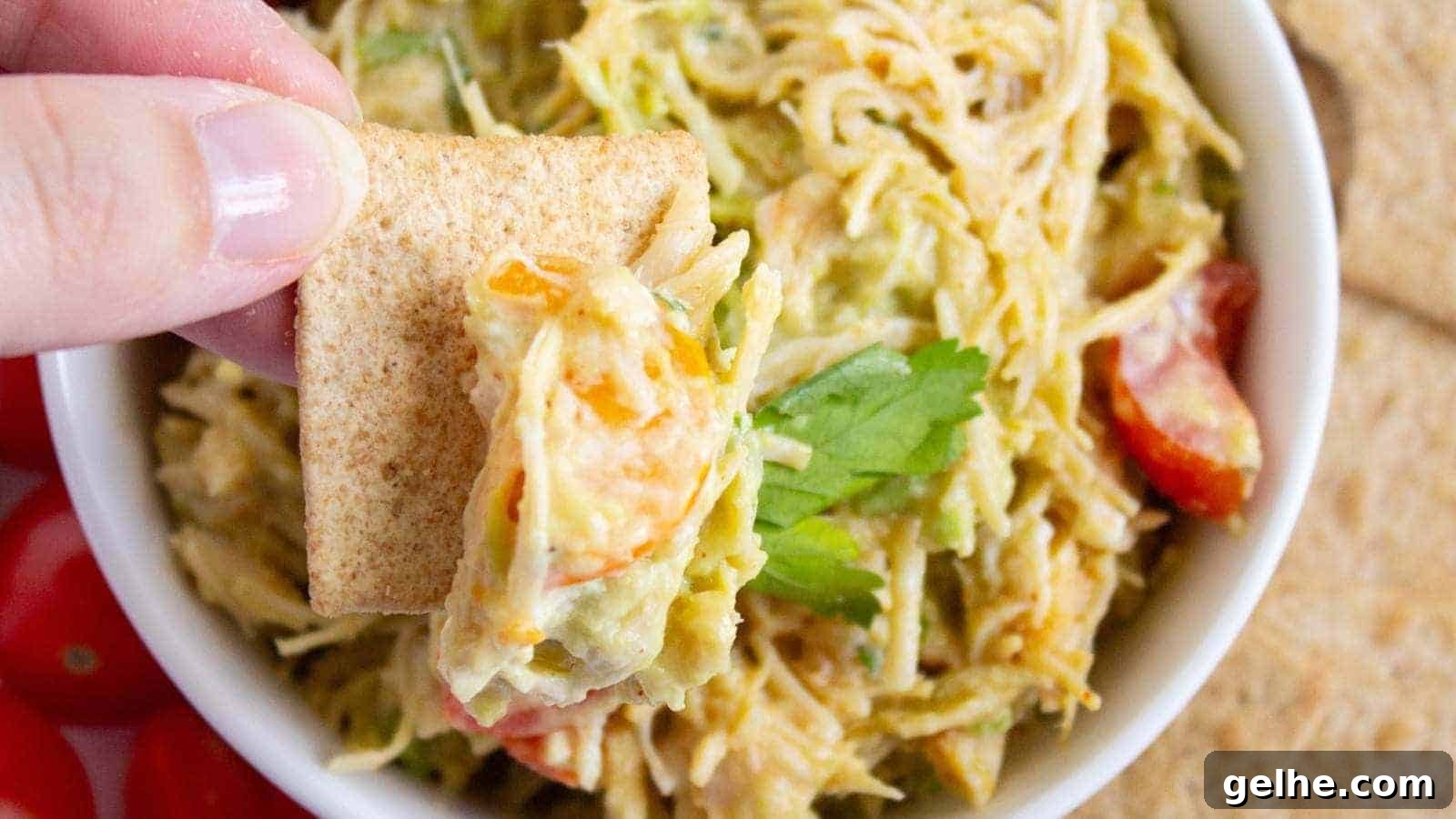 21 Labor Day Picnic Recipes for a Crowd: Ultimate Menu Ideas 16 A hand holding a cracker topped with a healthy chicken salad, vegetables, and herbs.