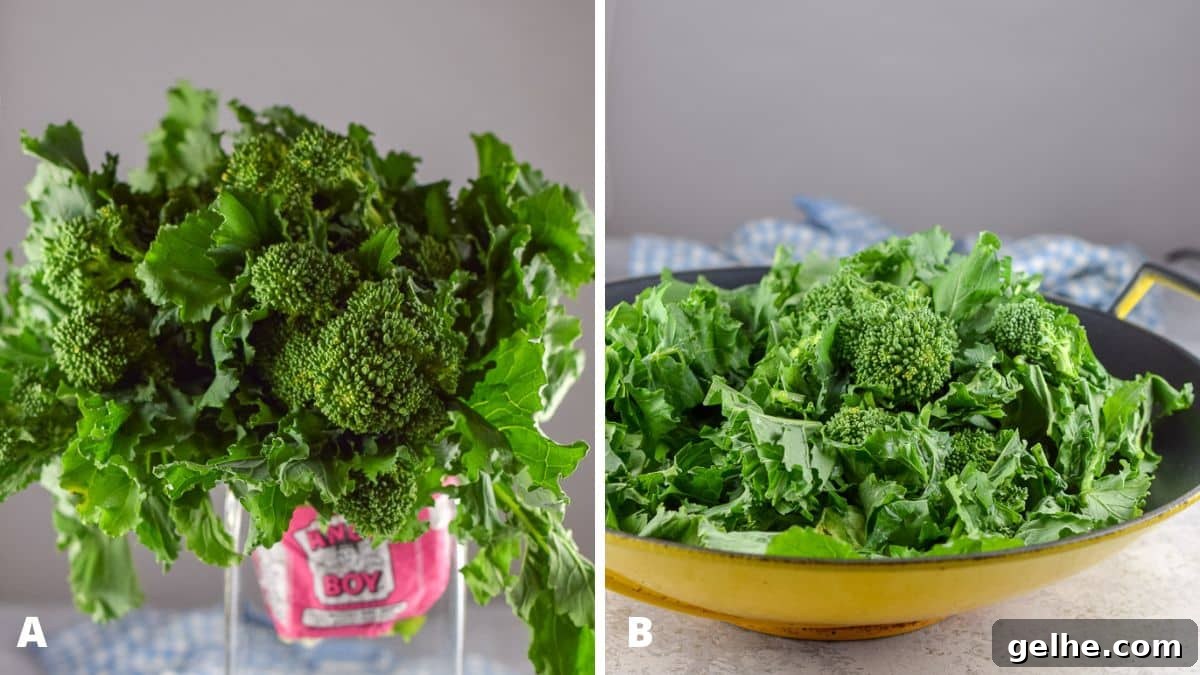 Broccoli rabe in a glass vase and then transferred to a wok all cut up