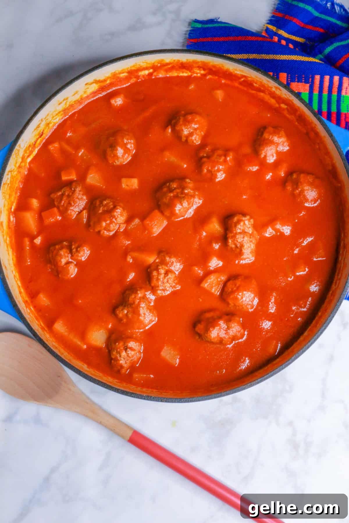 Overhead view of Albondigas in Chipotle Sauce
