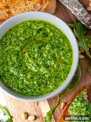 Arugula pesto, also known as rocket pesto, served with toasted ciabatta.