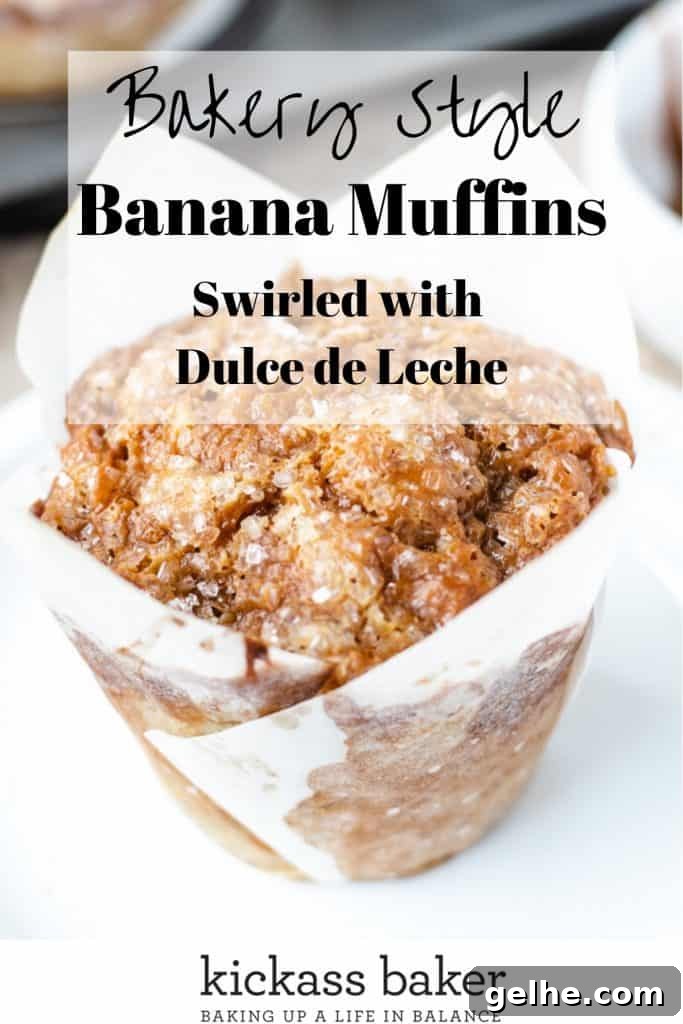 Bakery Style Banana Muffins Swirled with Dulce de Leche pin for Pinterest