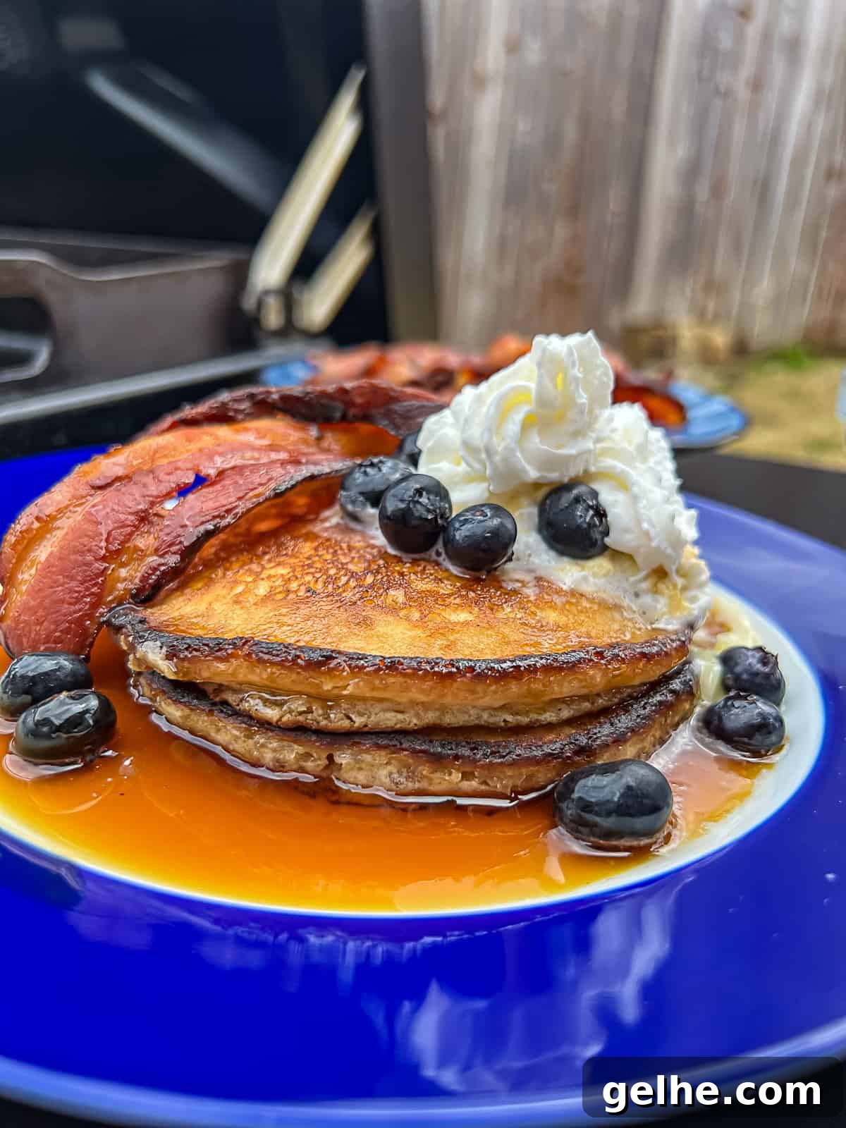 Crispy Griddled Pancakes with Maple Butter Recipe 3 Fluffy Griddled Pancakes on Traeger Flatrock Griddle Grill Outside