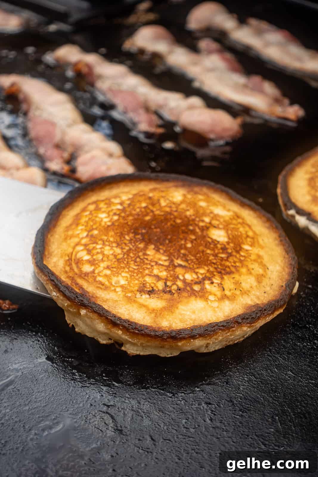 Crispy Griddled Pancakes with Maple Butter Recipe 6 Cooking pancakes on the griddle Flatrock Grill from Traeger with bacon