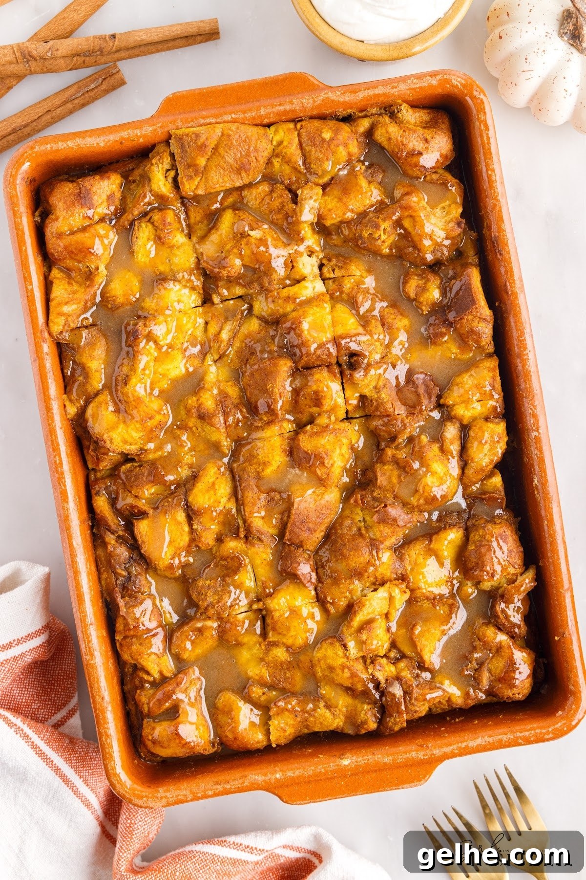 Full baking dish of Pumpkin Bread Pudding, ready to eat.