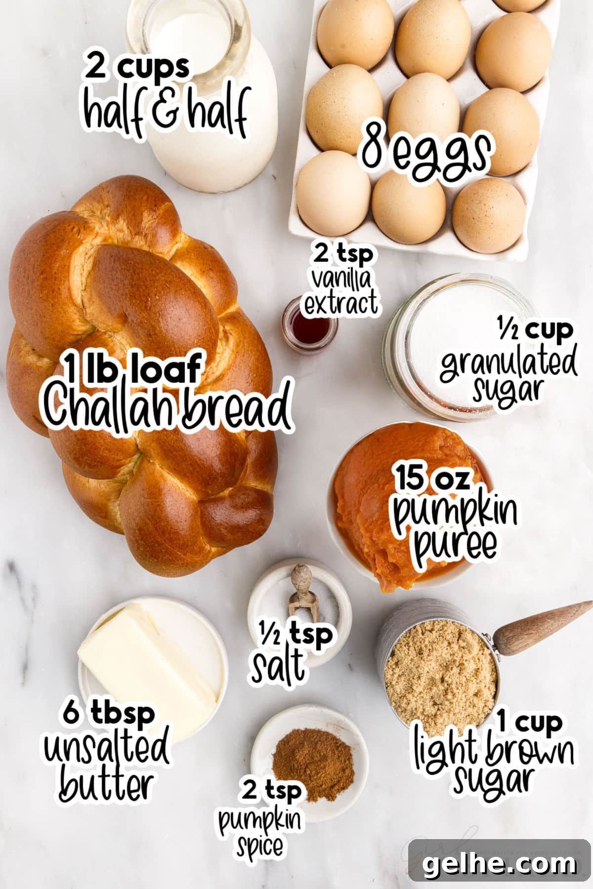 Ingredients needed to make pumpkin bread pudding, with text labels.