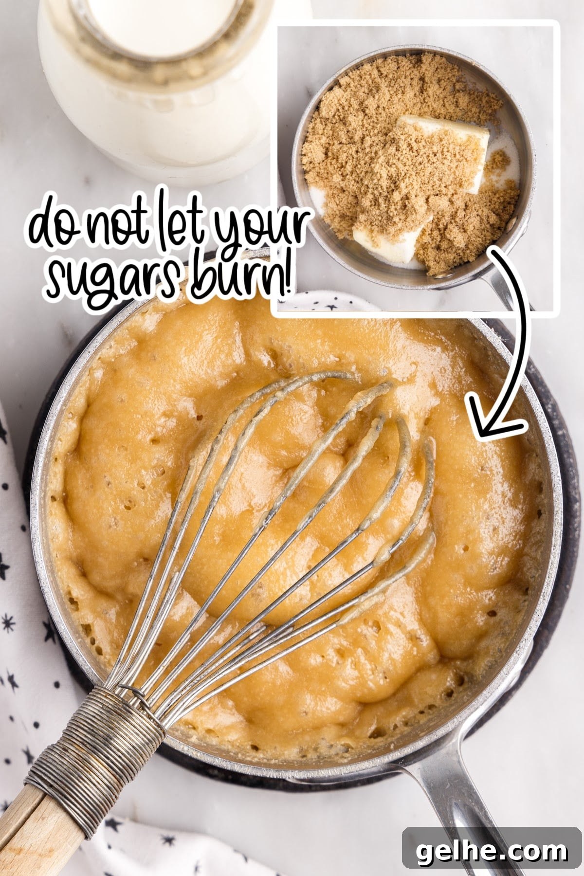 collage of butter and sugars combined in saucepan and bubbling caramel mixture with whisk.