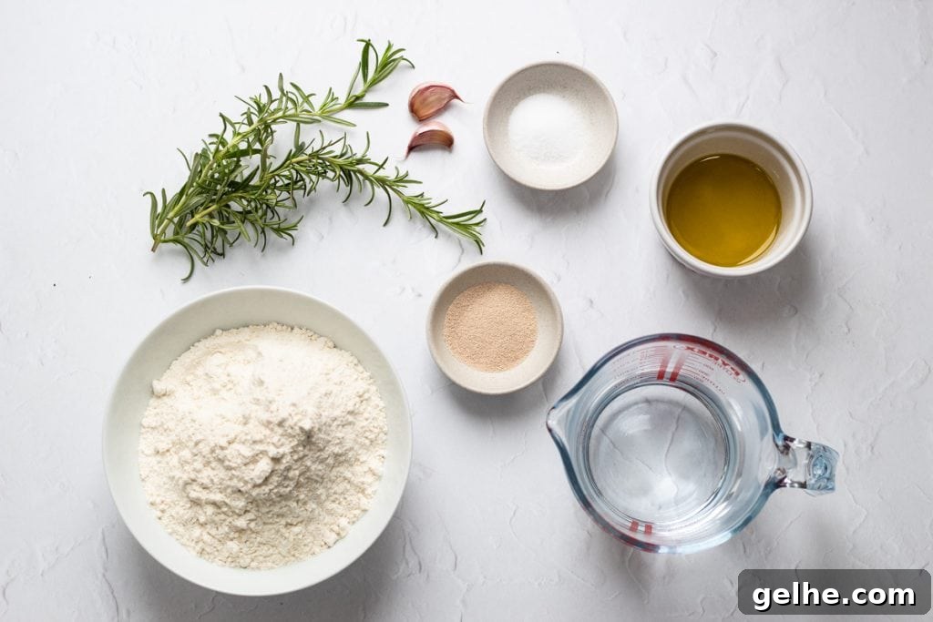 Ingredients for breadmaker focaccia with garlic and rosemary