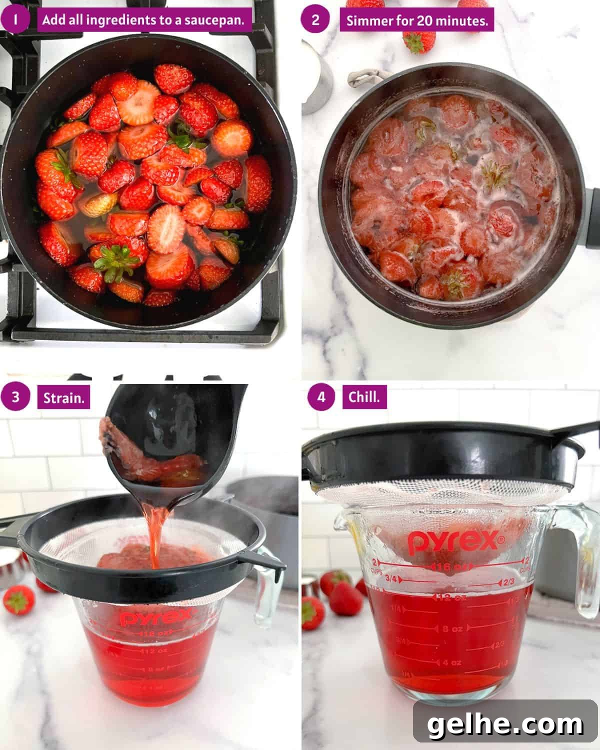 Steps showing how to make strawberry simple syrup.