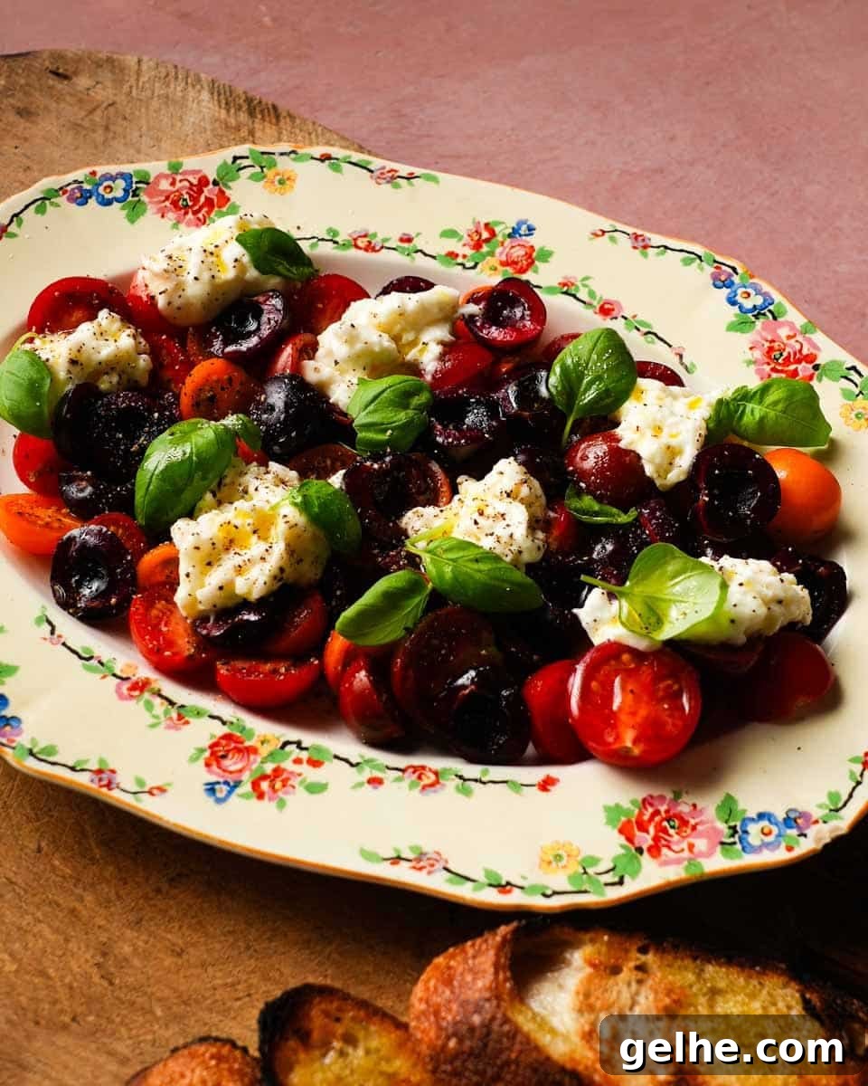 a platter of Caprese salad with cherry tomatoes and cherry fruit, alongside toasted bread