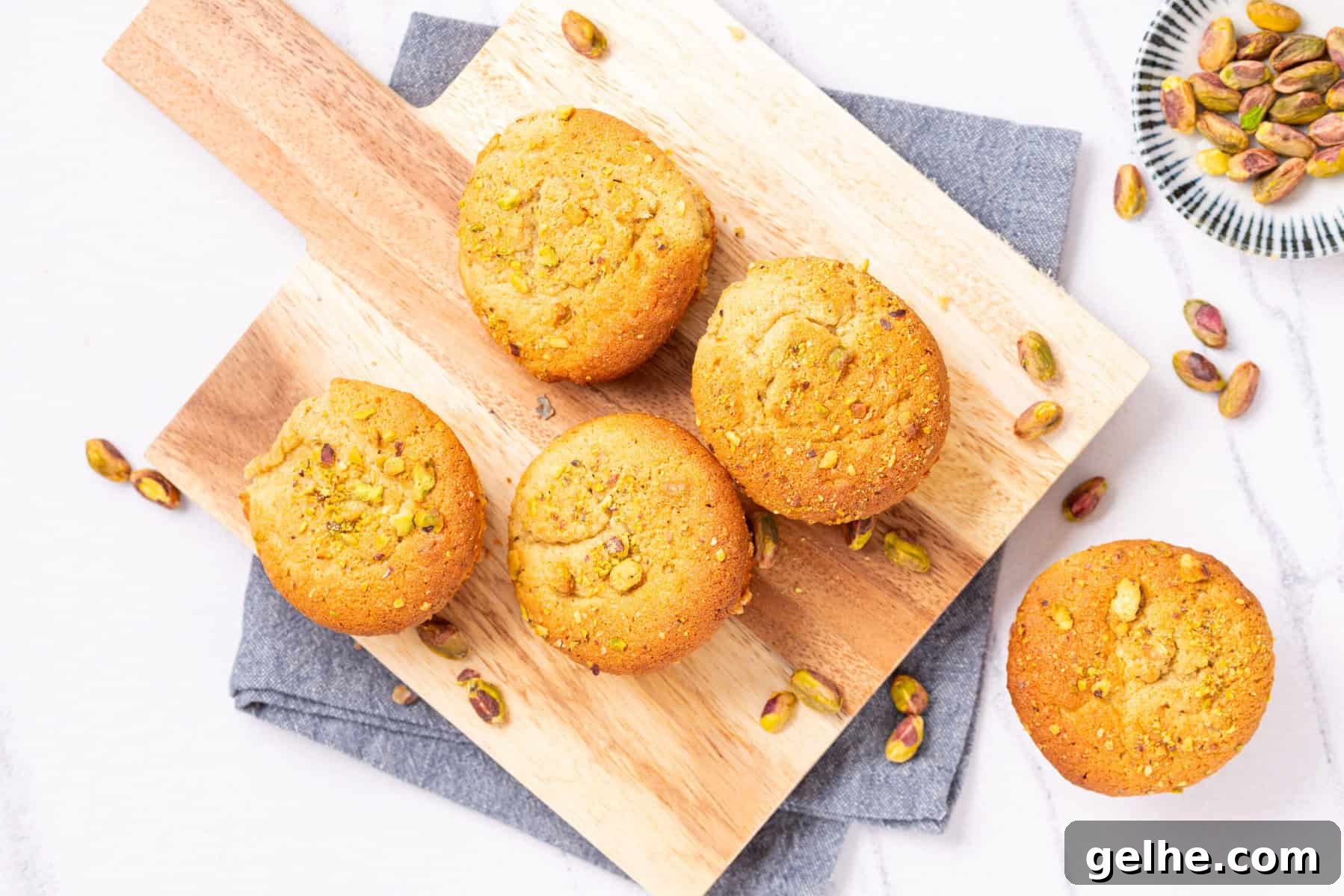 Homemade Pistachio Muffins Without Pudding Mix 12 An overhead image of pistachio muffins on a wooden serving board.