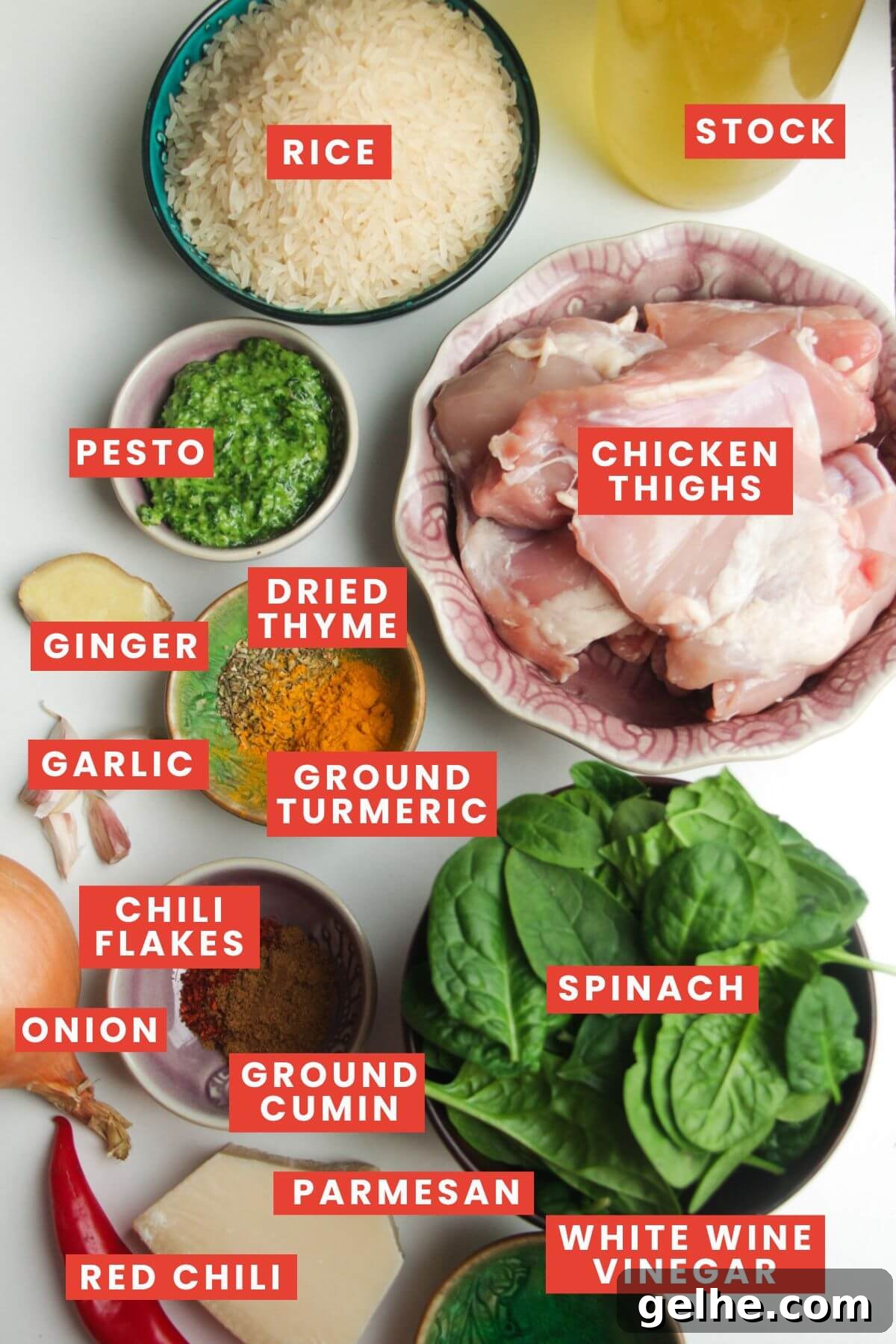 Ingredients for one pot golden chicken and rice laid out and labelled.