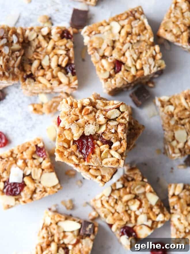 No-bake cereal bars with dried cherries, almonds, and coconut