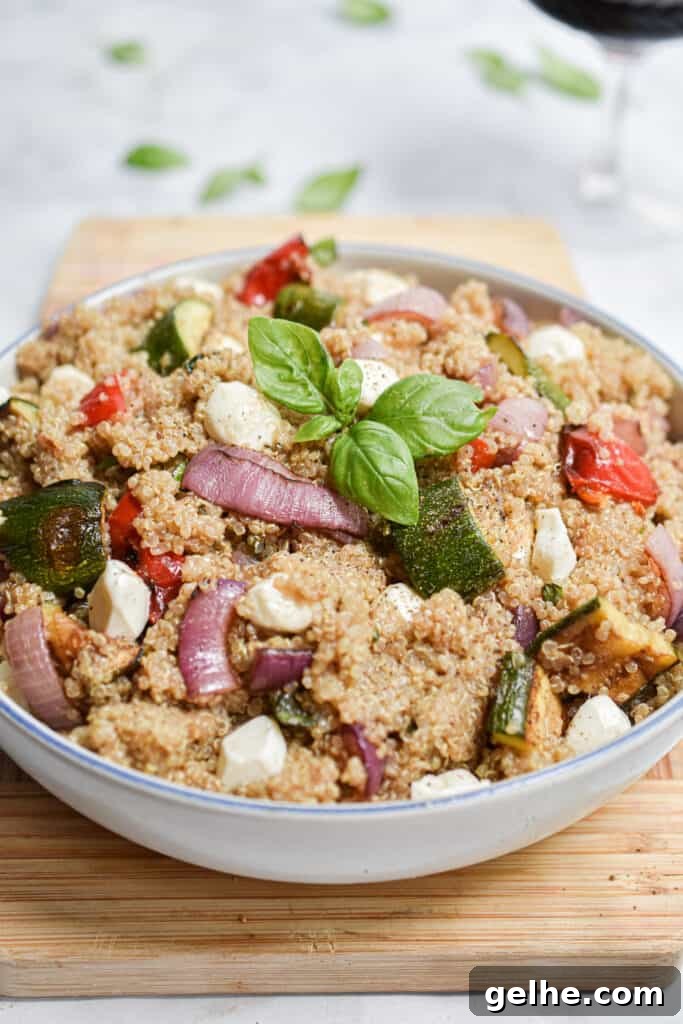 Grilled Vegetable and Quinoa Salad with Lemon Vinaigrette 2 a close up of the grilled vegetable quinoa salad