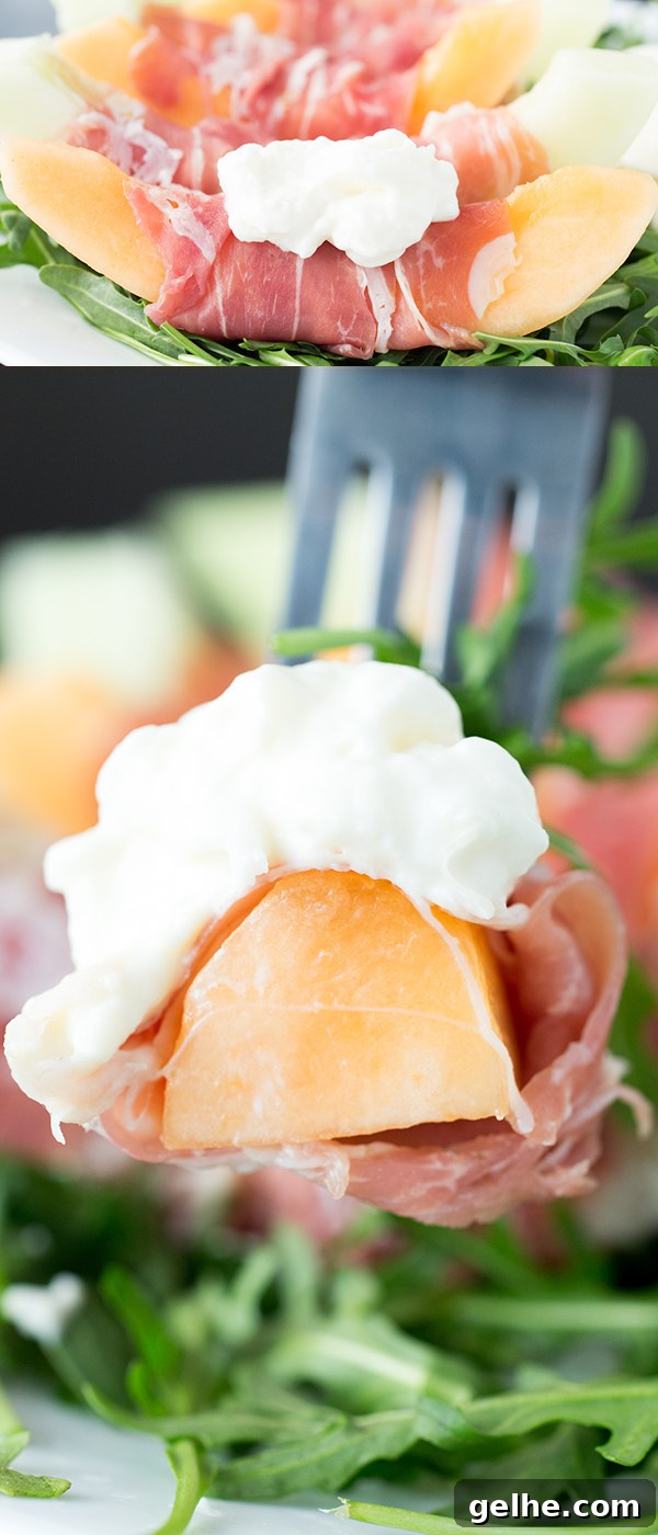 Prosciutto, Melon & Burrata Salad with Honey-Lemon Dressing 6 Sweet melon, salty prosciutto, and creamy burrata on a bed of arugula.