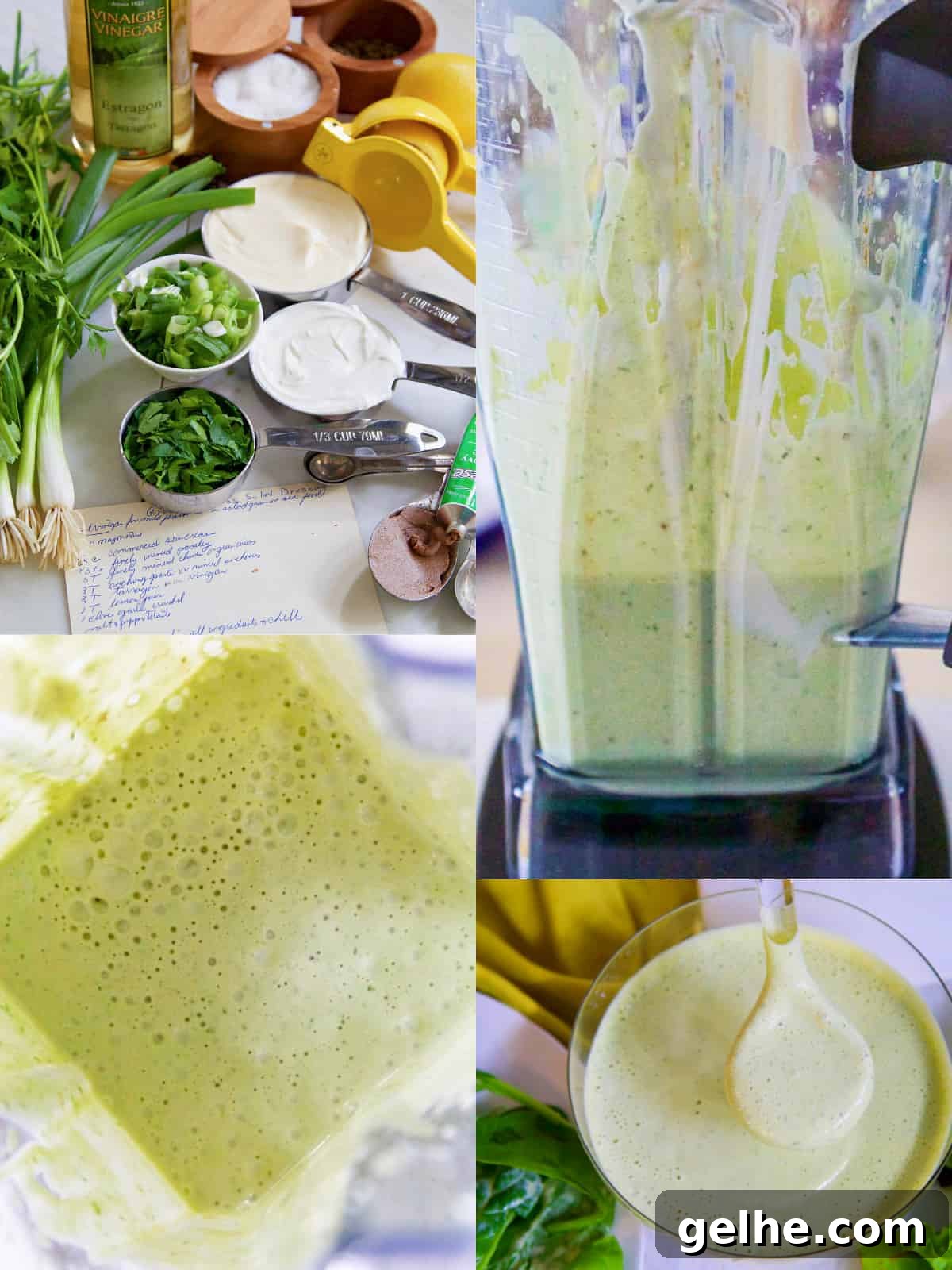 Making green goddess dressing in a blender with all the ingredients.