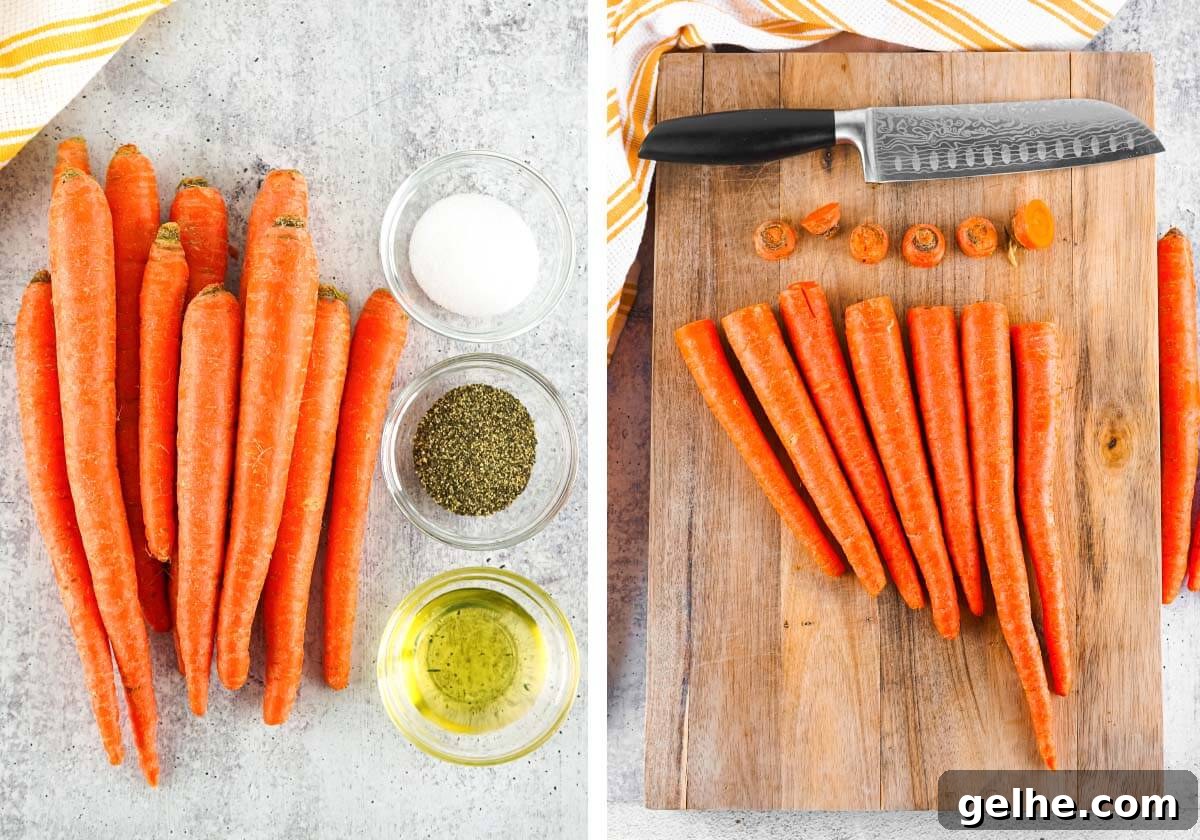 carrots and ingredients, carrots on board with tops cut.
