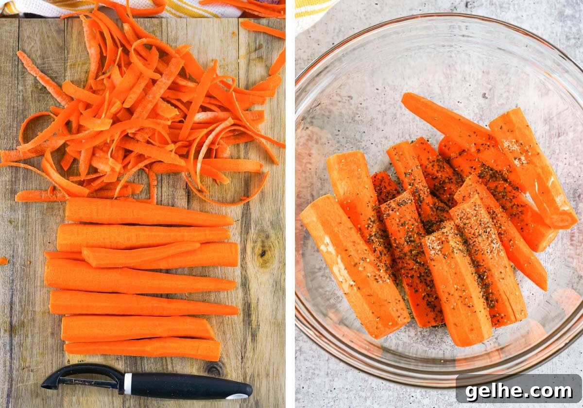 carrots on board peeled, carrots in bowl with seasonings.