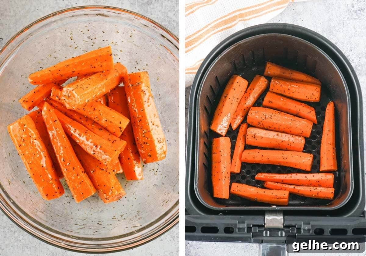 carrots in bowl with seasoning, carrots in air fryer basket.