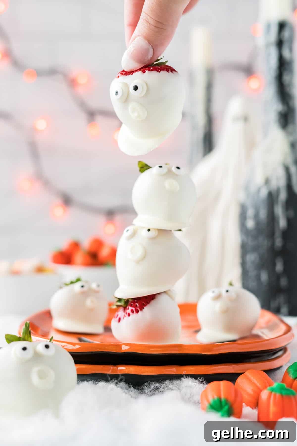 stacked strawberry ghosts on a plate
