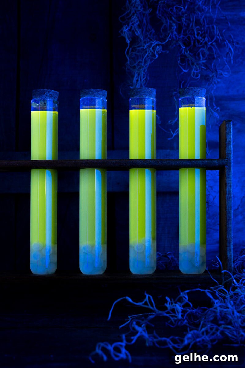 Blacklight Swamp Shot Recipe: Glow-In-The-Dark Party Drink 9 black light swamp water shots in a test tube rack under black light