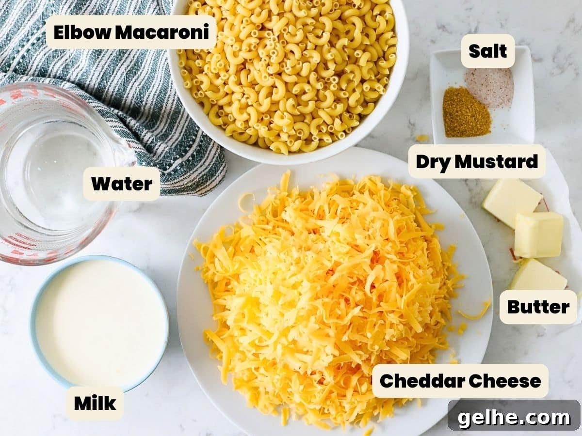 Ingredients to make instant pot mac and cheese on the table with text labels.