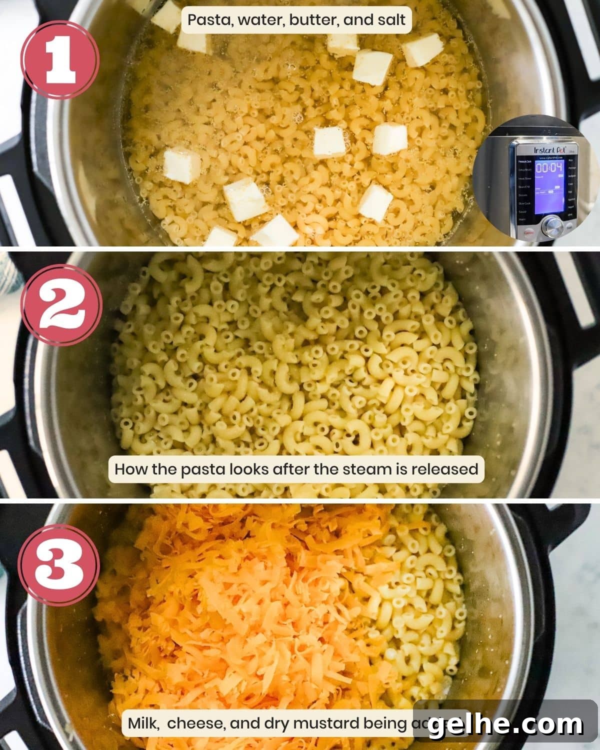 A collage showing the steps to make pressure cooker mac and chese.