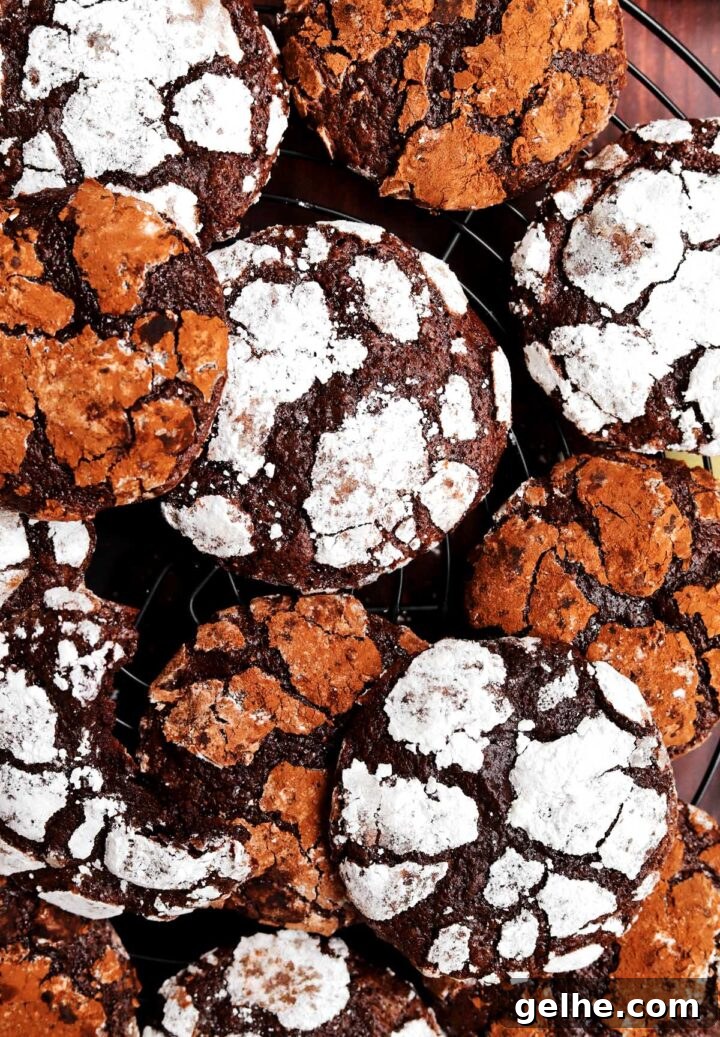 double chocolate crinkle cookies on cooling rack