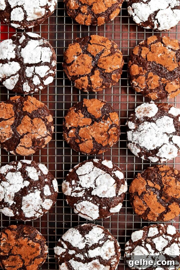 double chocolate crinkle cookies on cooling