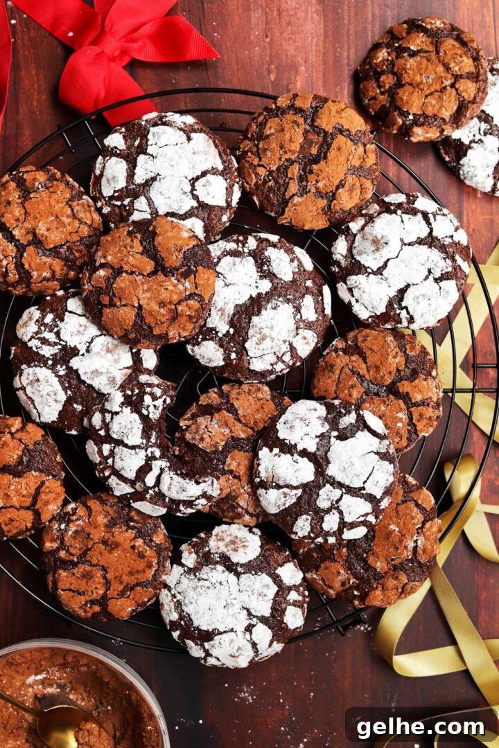 double chocolate crinkle cookies on cooling rack